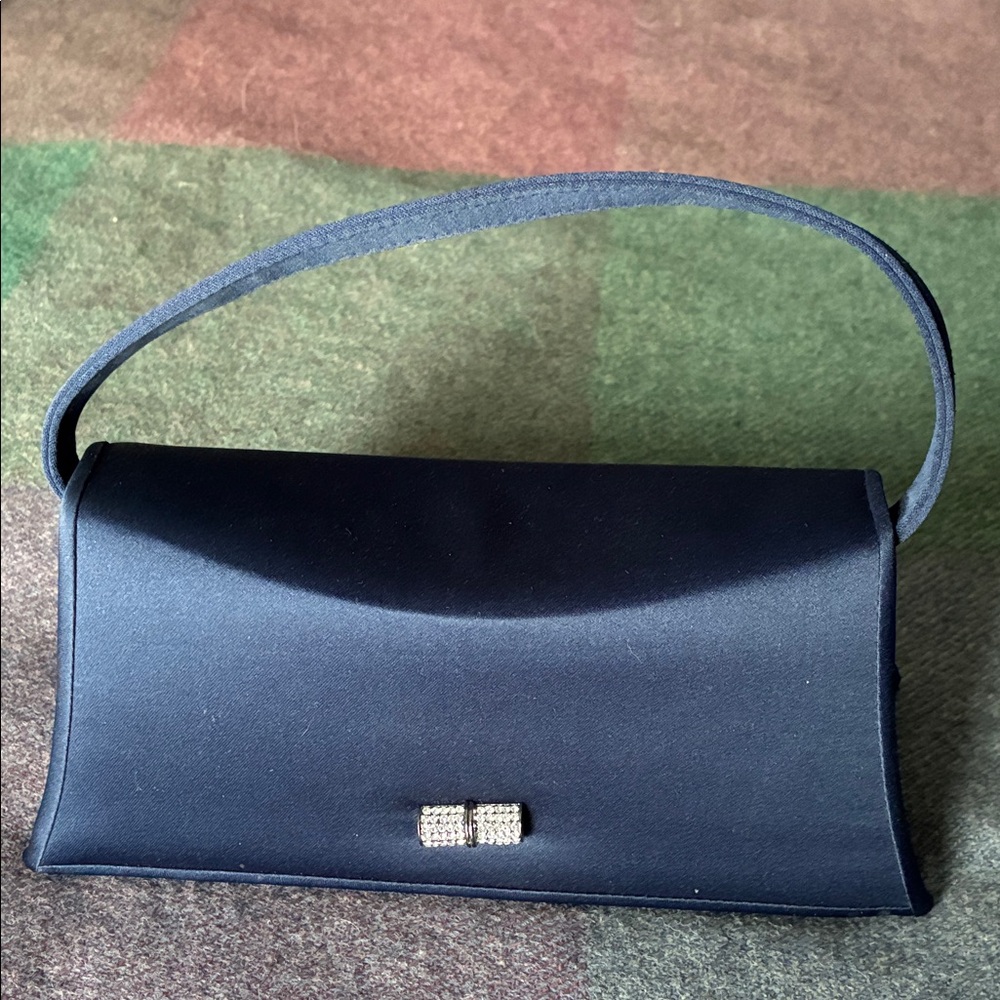 Chic Blue Satin Clutch with Rhinestone Accent